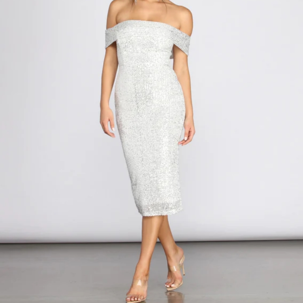 WINDSOR FASHION Silver Sequin Off the Shoulder Evening Dress ~ NWOT